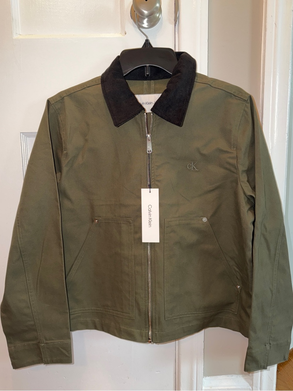 Calvin Klein Barn Jacket Olive Green with Black Corduroy Collar Women New